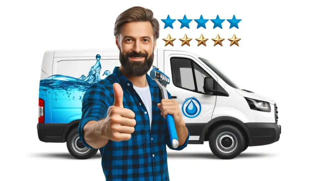 DALL·E 2024 04 16 05.05.12 Create an image that includes a man with a beard and blue checked shirt giving a thumbs up and the side of a white van with a water themed design. The